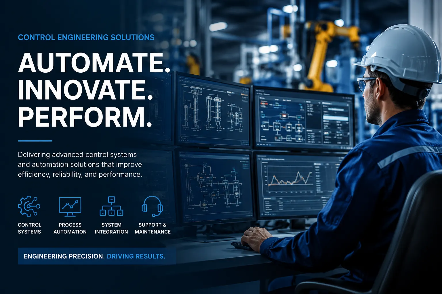 Control Engineering Solutions — Automate. Innovate. Perform. Delivering advanced control systems and automation solutions that improve efficiency, reliability, and performance.