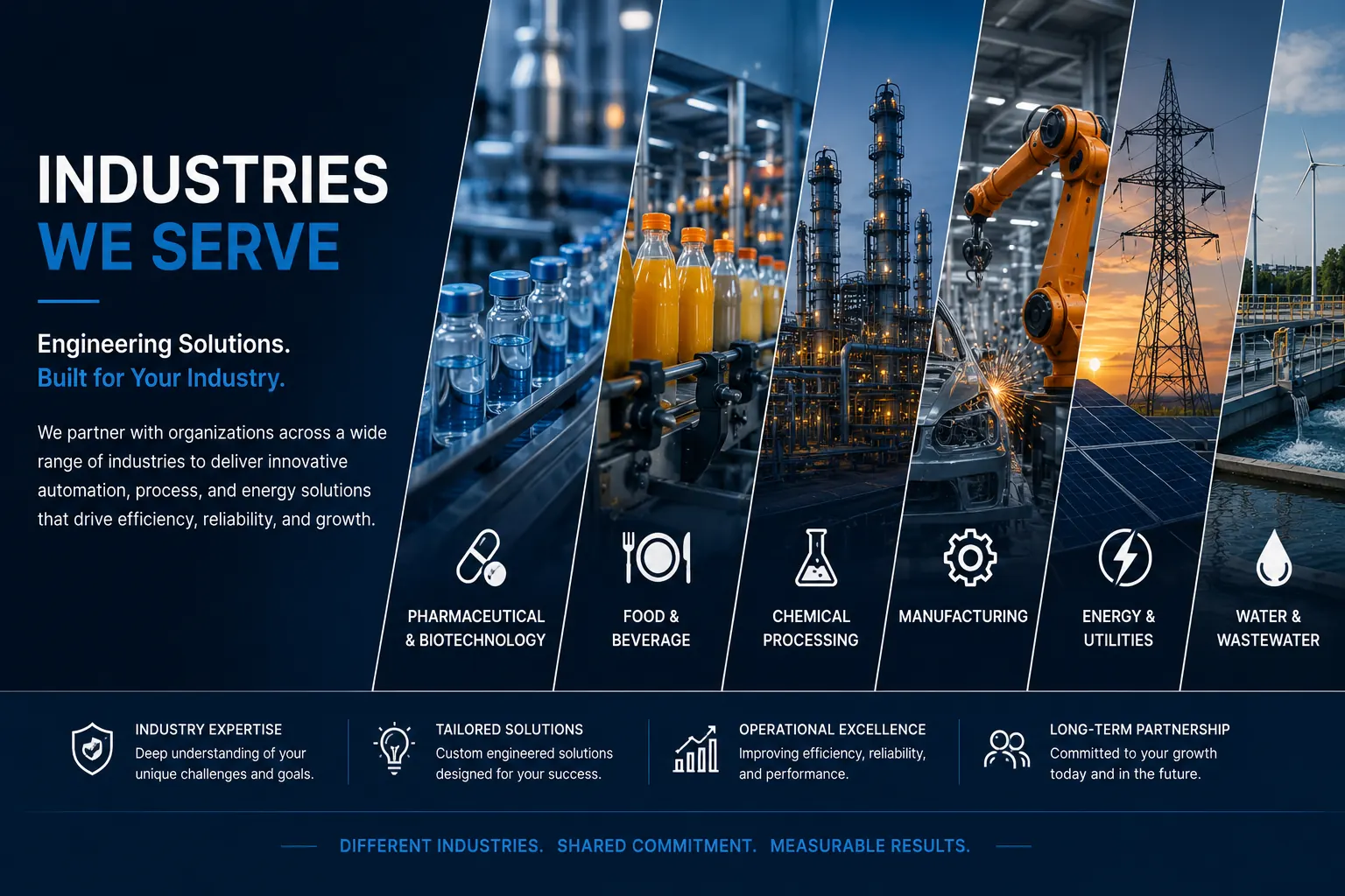 Industries We Serve — Engineering solutions built for your industry. We partner with organizations across a wide range of industries to deliver innovative automation, process, and energy solutions.