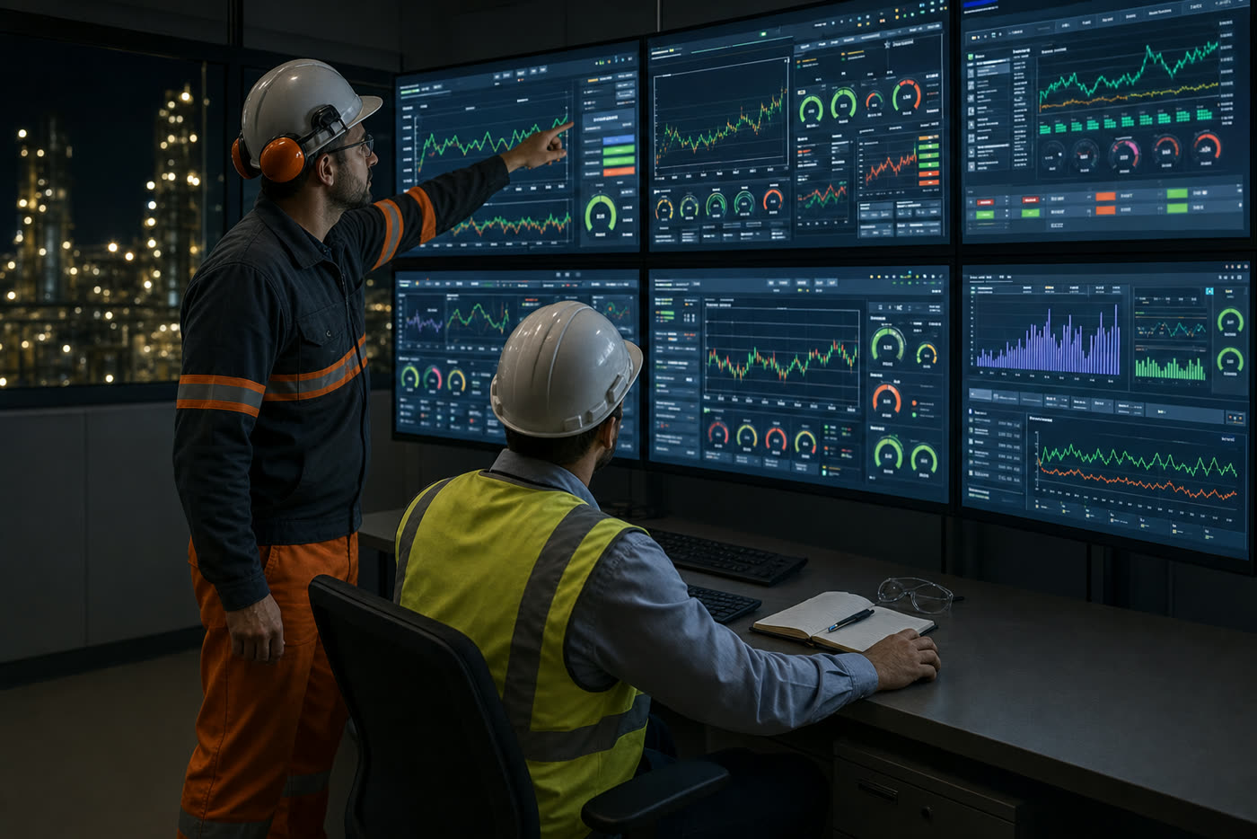 Operators monitoring pharmaceutical manufacturing systems in a SCADA control room