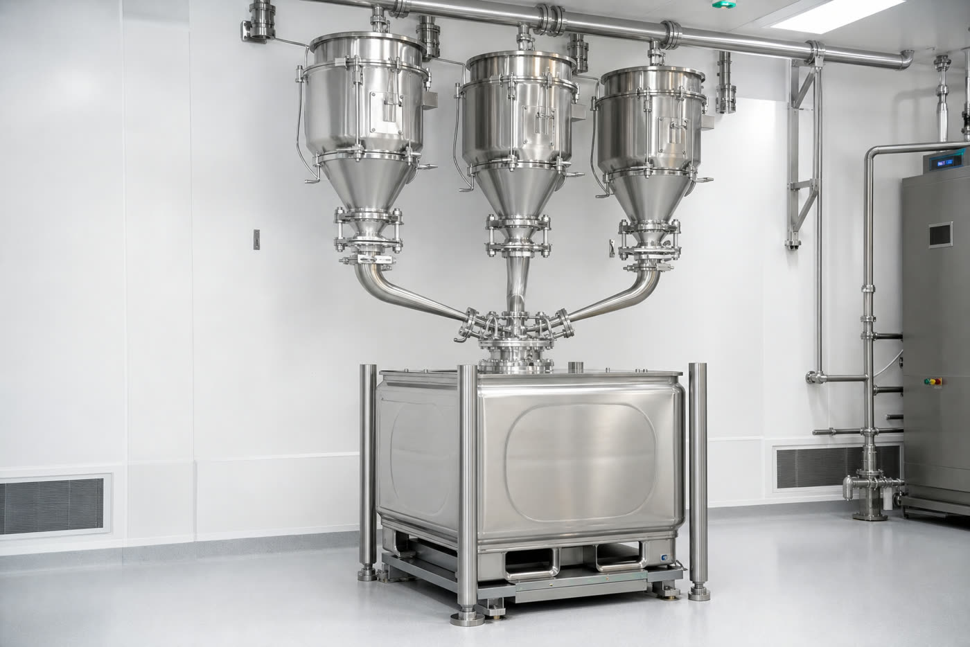 Contained pharmaceutical powder dispensing of three ingredients into IBC via ChargePoint split butterfly valve