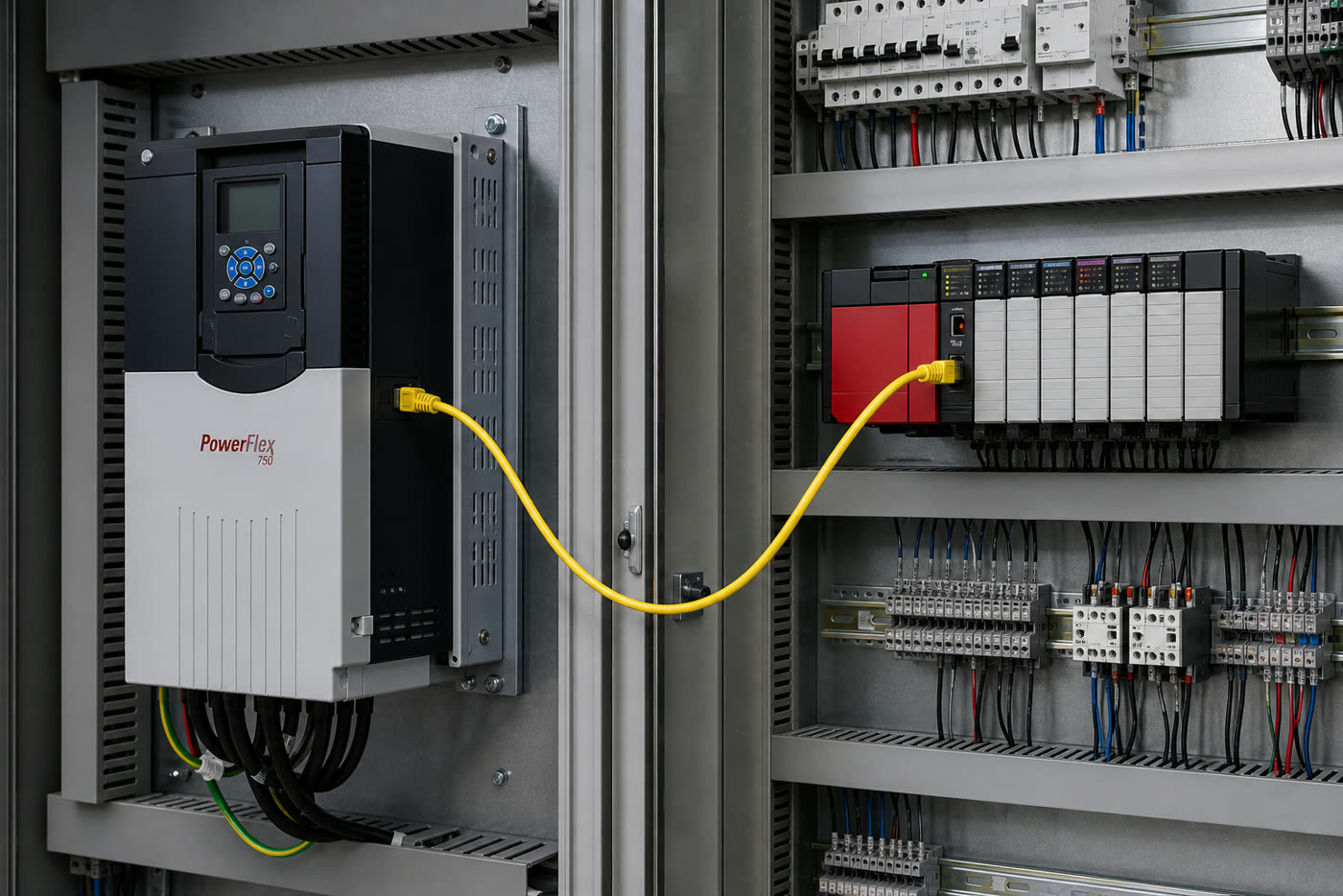 Allen-Bradley PowerFlex 750 VFD connected to ControlLogix PLC over industrial Ethernet