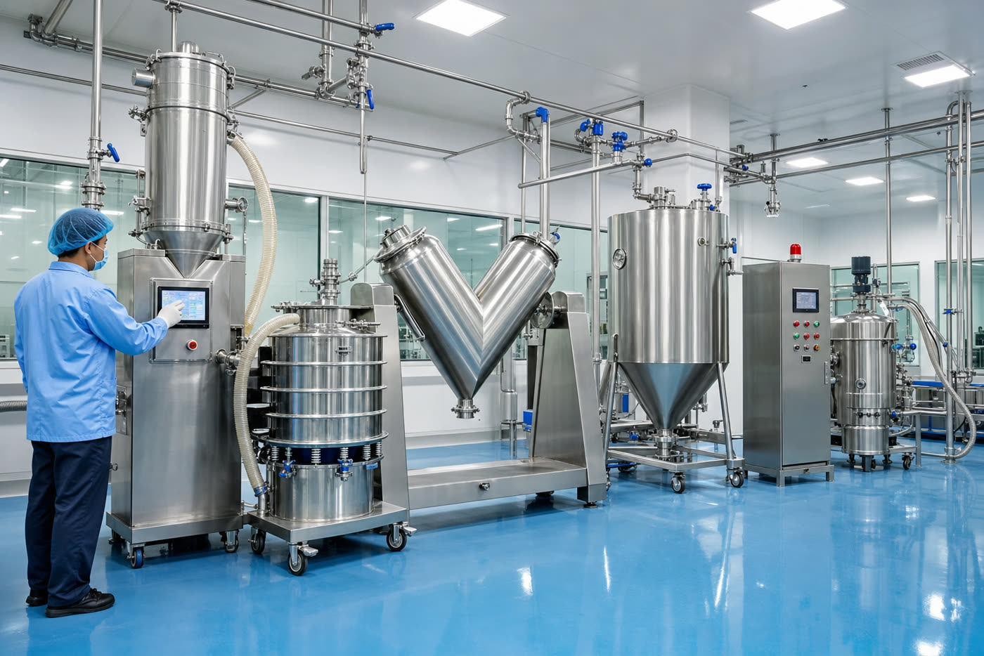 Solid dosage manufacturing cleanroom with vacuum conveying, sieving, and V-blender processing line