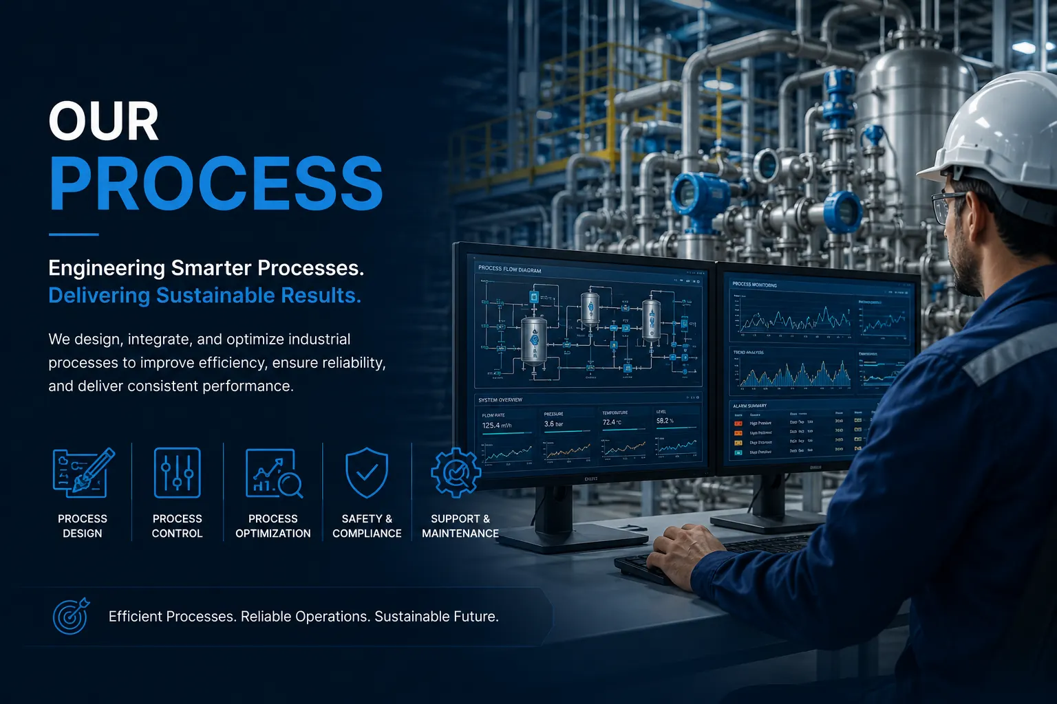 Our Process — Engineering smarter processes. Delivering sustainable results. We design, integrate, and optimize industrial processes to improve efficiency, ensure reliability, and deliver consistent performance.